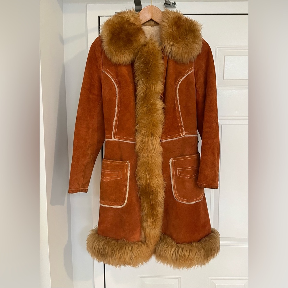 Vintage 70s Suede Leather Faux Fur Trim Penny Lane Columbia Coat XS S